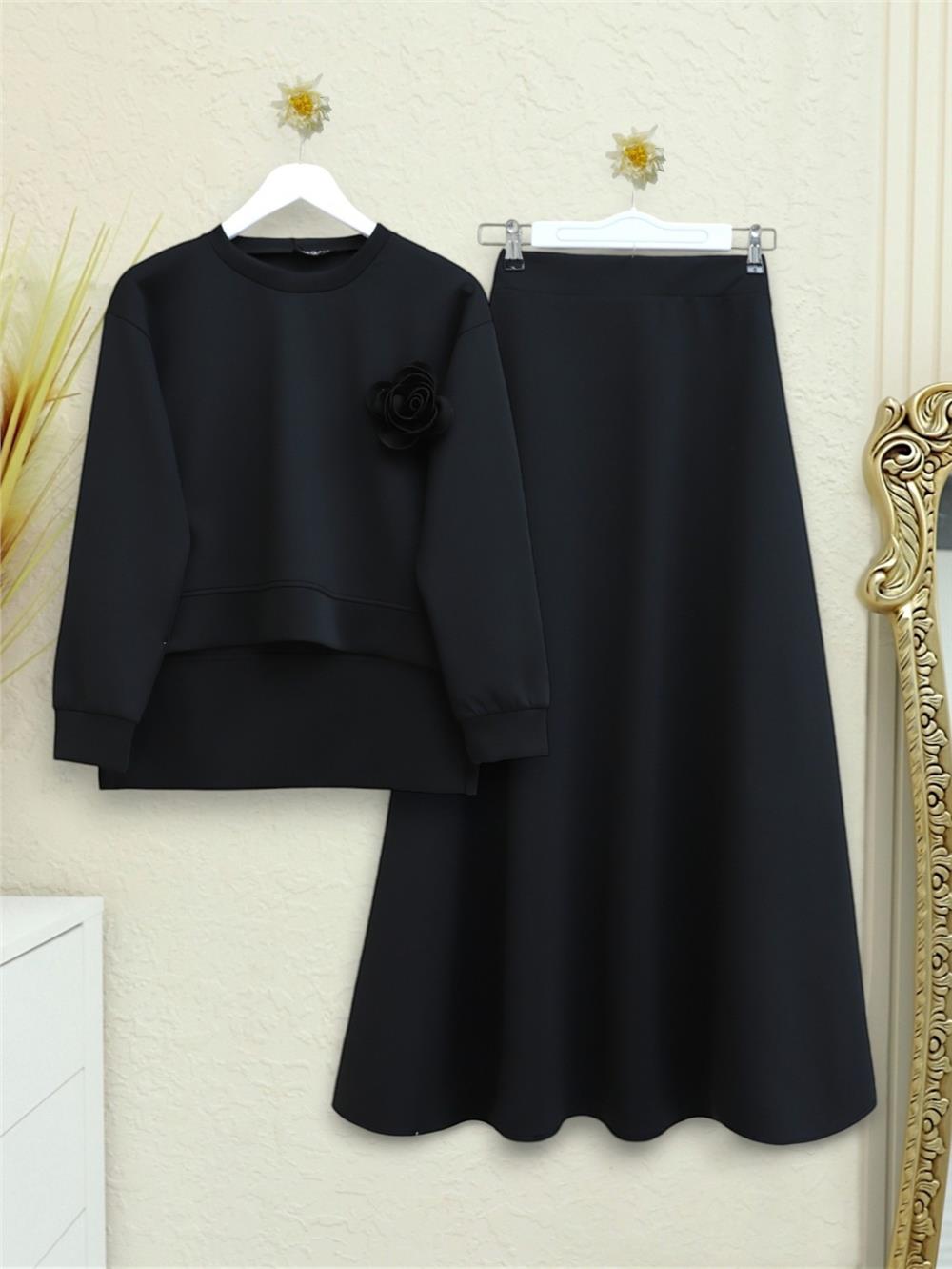 Arkası Uzun Gül Broşlu İkili Scuba Takım -Siyah-207-4106-R01