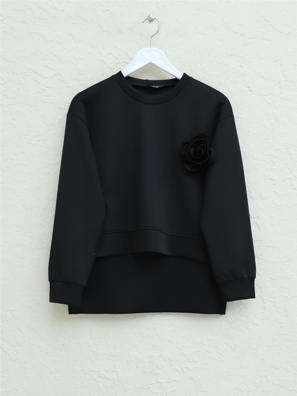 Arkası Uzun Gül Broşlu İkili Scuba Takım -Siyah-207-4106-R01