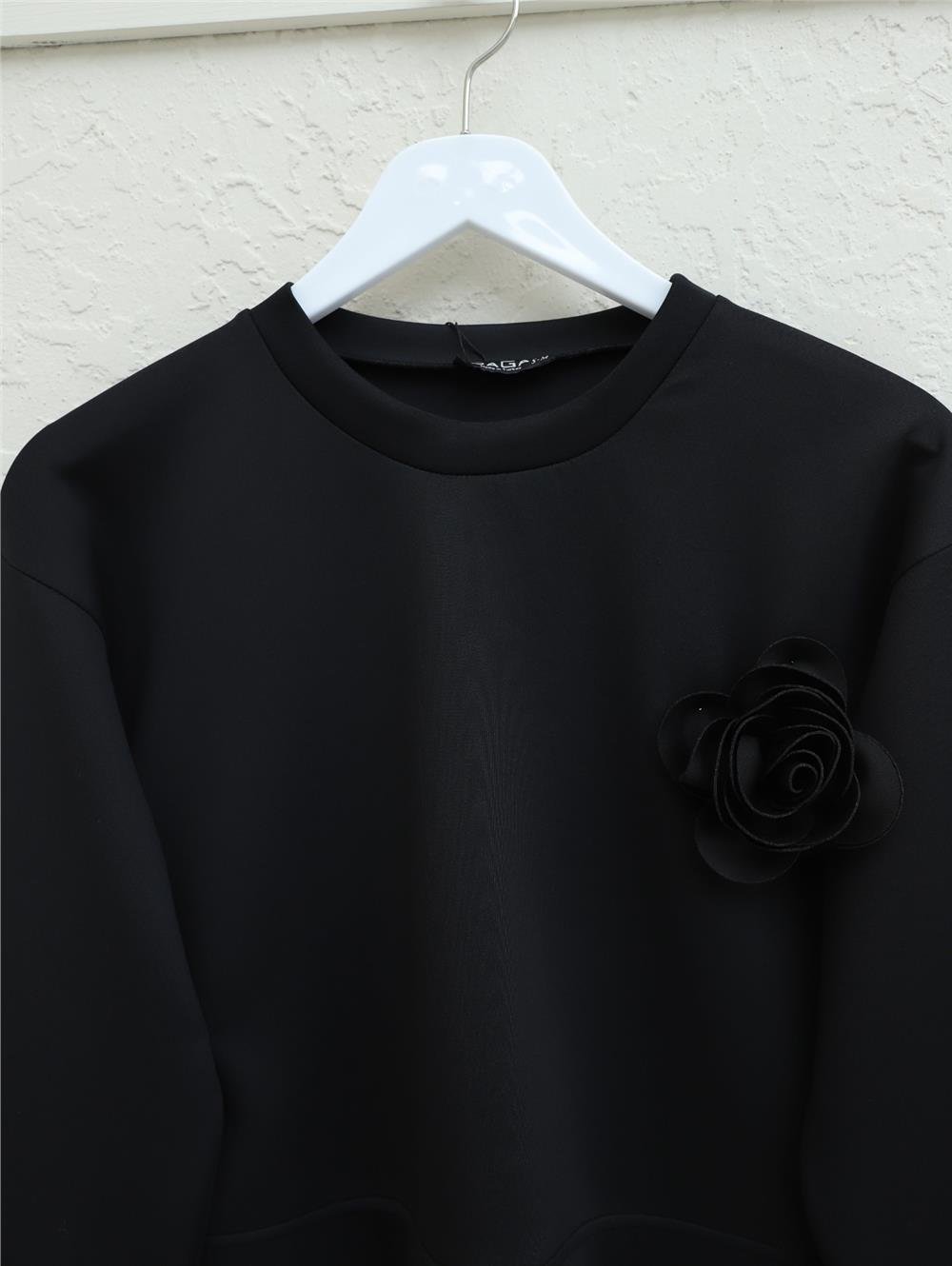 Arkası Uzun Gül Broşlu İkili Scuba Takım -Siyah-207-4106-R01