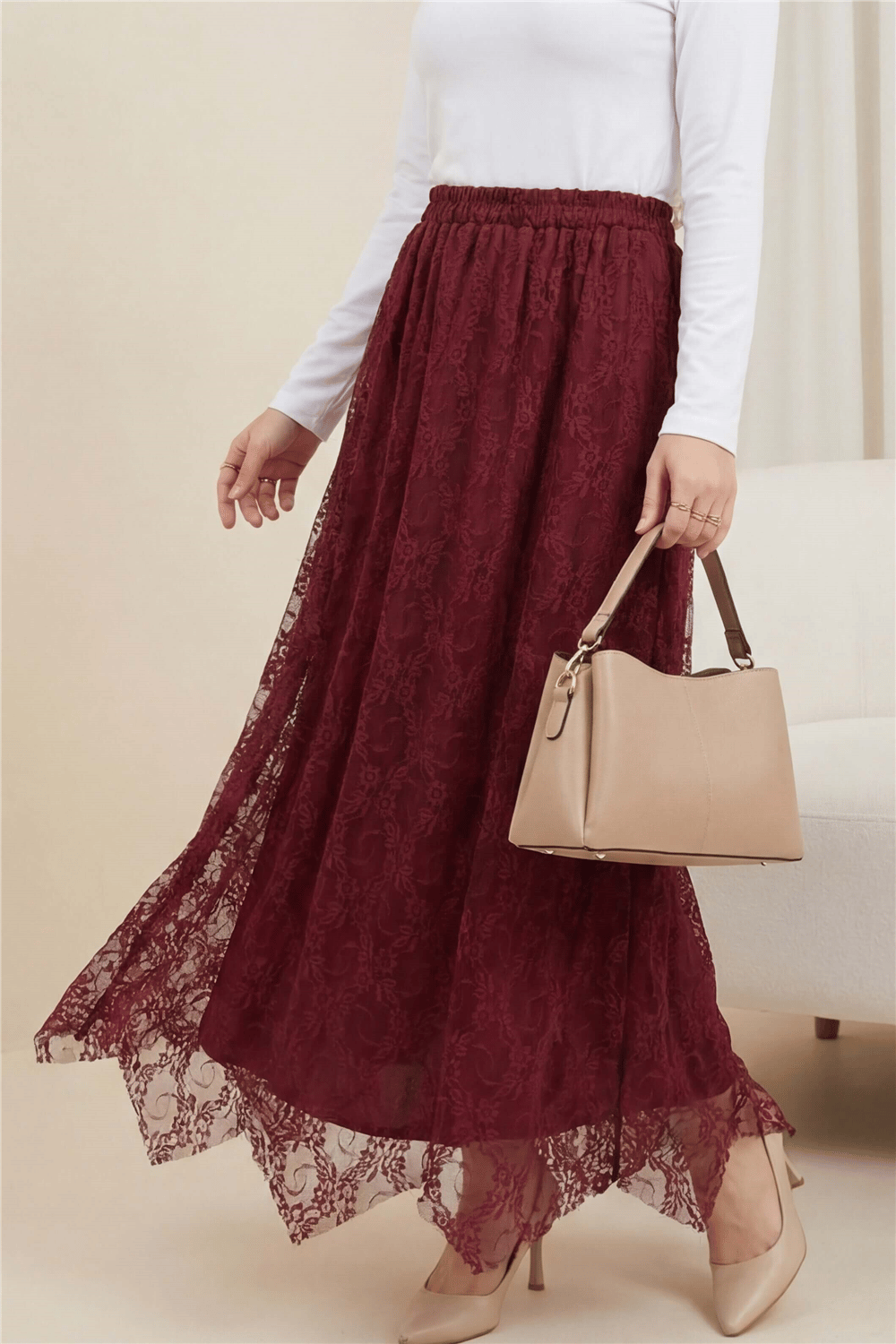 Asimetrik Kesim Astarlı Beli Lastikli Tül Etek -Bordo-Etek-386-6286-R04