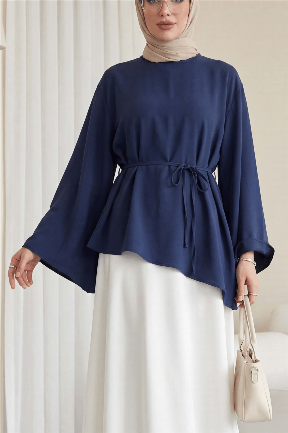 Asimetrik Kesim Beli Bağcıklı Oversize Modal Tunik -Lacivert-Tunik-120-1656-R03