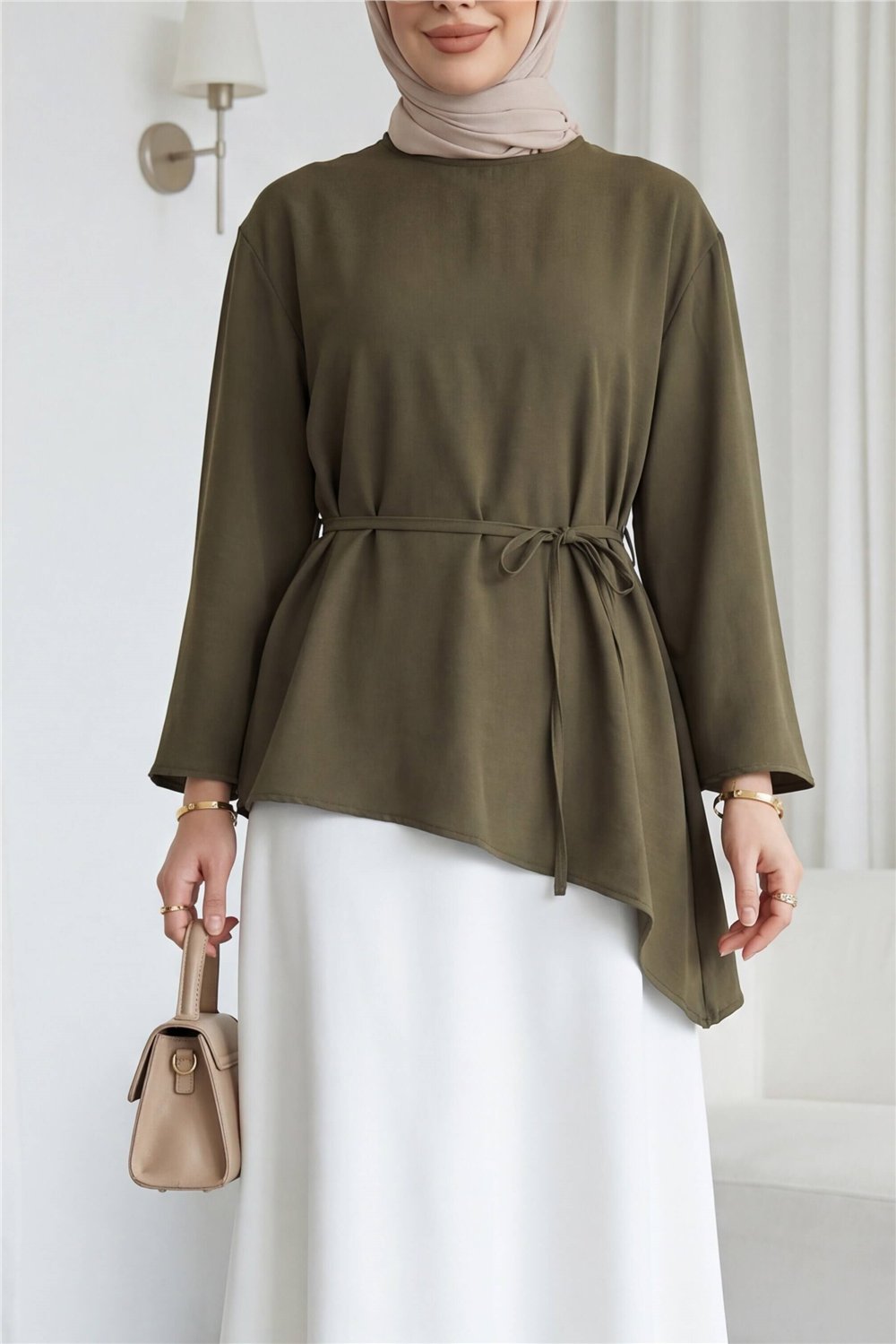 Asimetrik Kesim Beli Bağcıklı Oversize Modal Tunik -Kamuflaj-Tunik-120-1656-R39