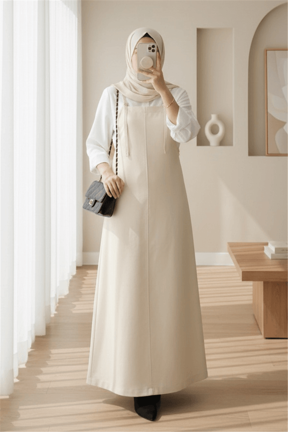 Askılı Gabardin Jile Elbise -Bej-Elbise-362-4225-R56