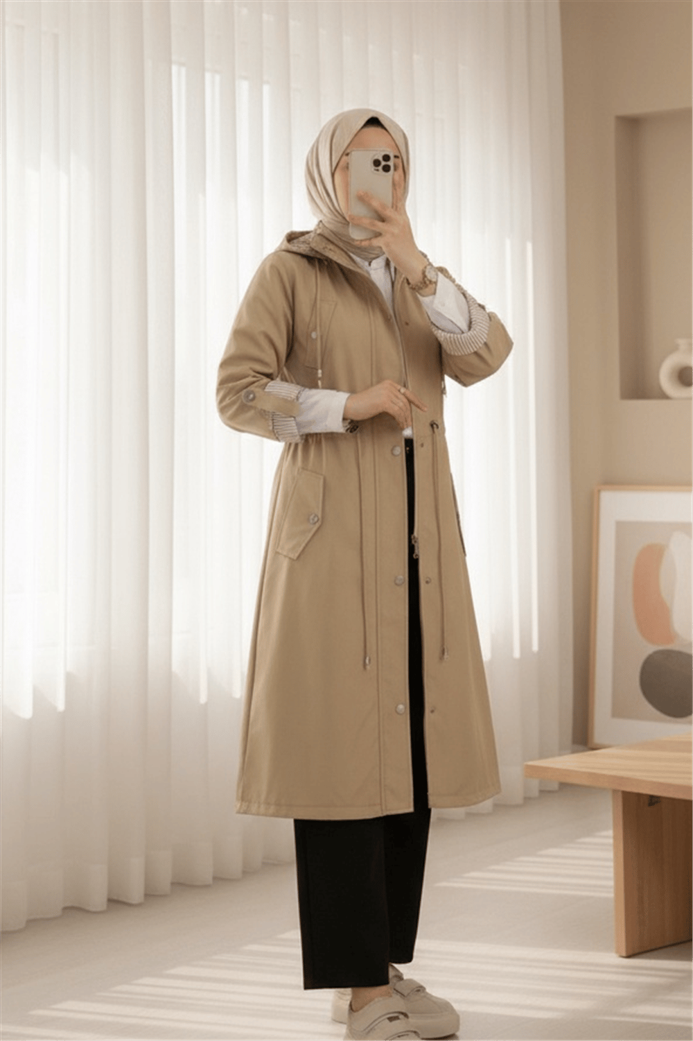 Astarı Çizgili Trençkot       -Açık Vizon-Trençkot-148-2181-R51