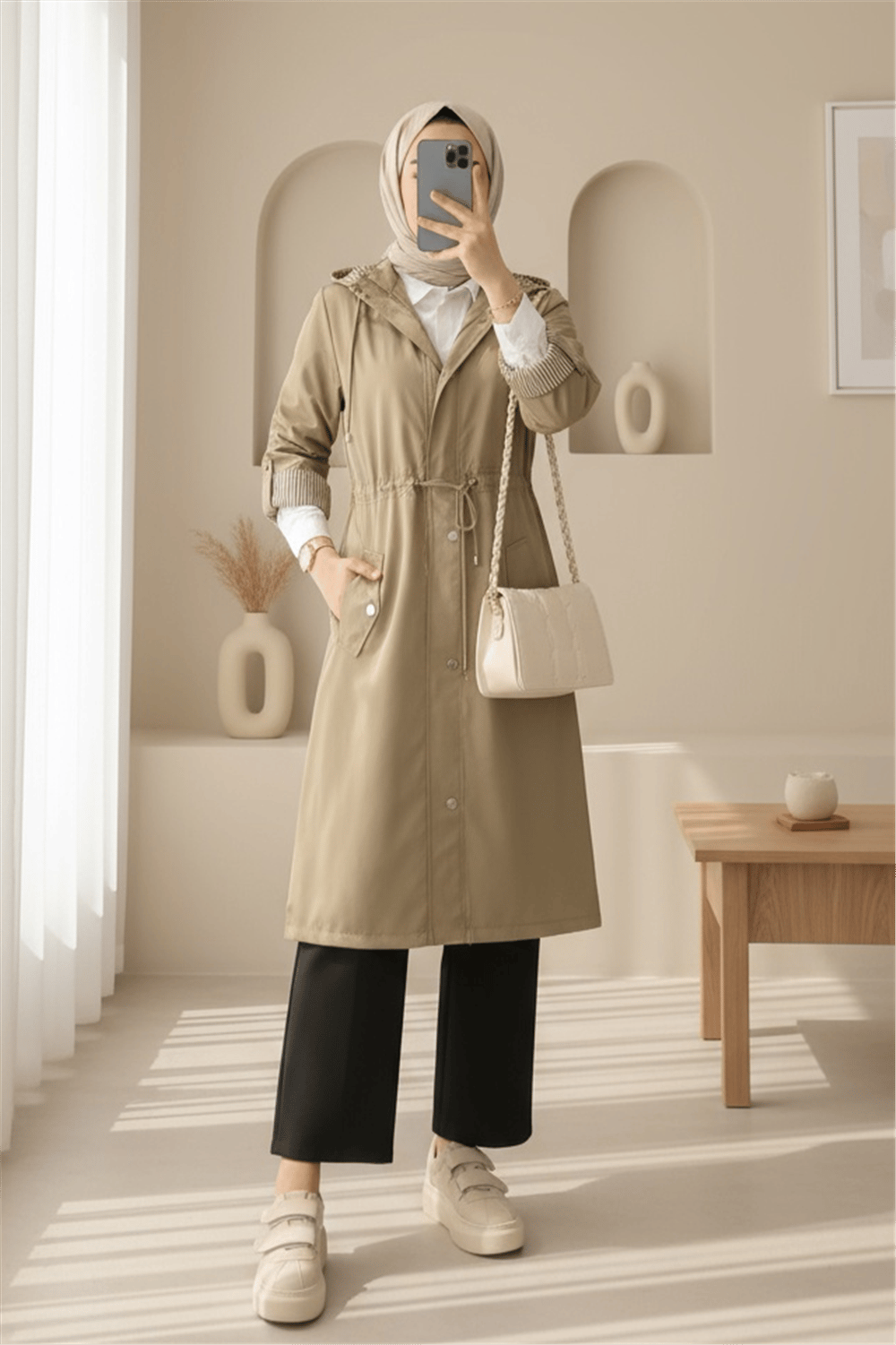 Astarı Çizgili Trençkot  -Açık Vizon-Trençkot-148-2129-R51