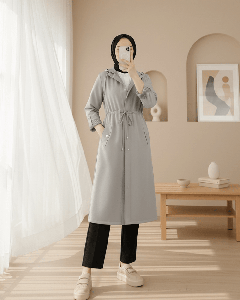 Astarı Çizgili Trençkot -Gri-Trençkot-148-2181-R11