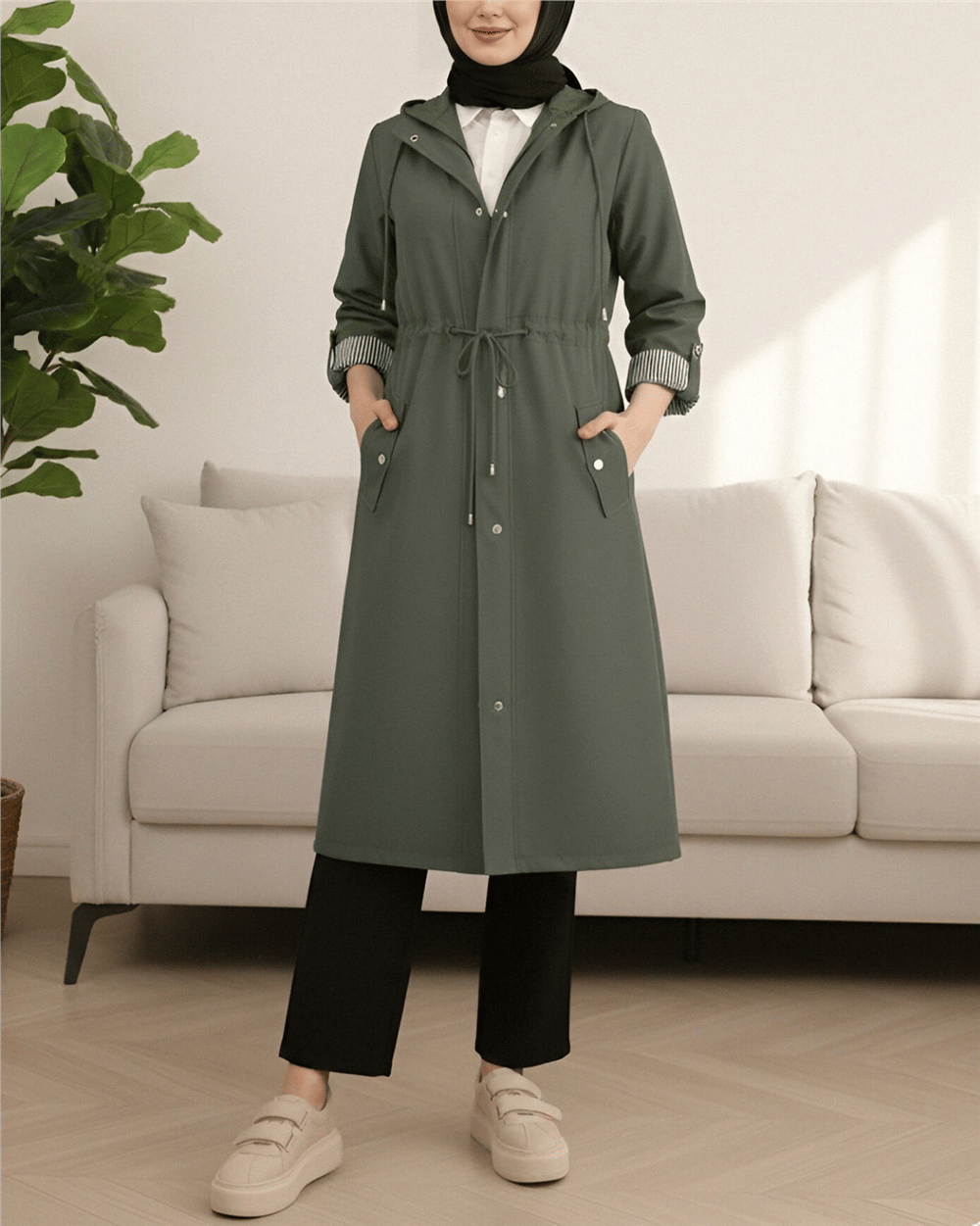 Astarı Çizgili Trençkot -Haki-Trençkot-148-2181-R05