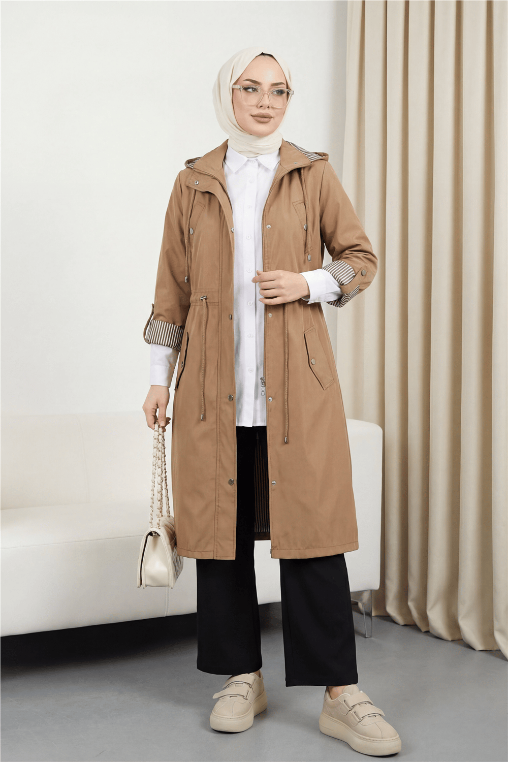 Astarı Çizgili Trençkot        -Taba-Trençkot-148-2181-R12