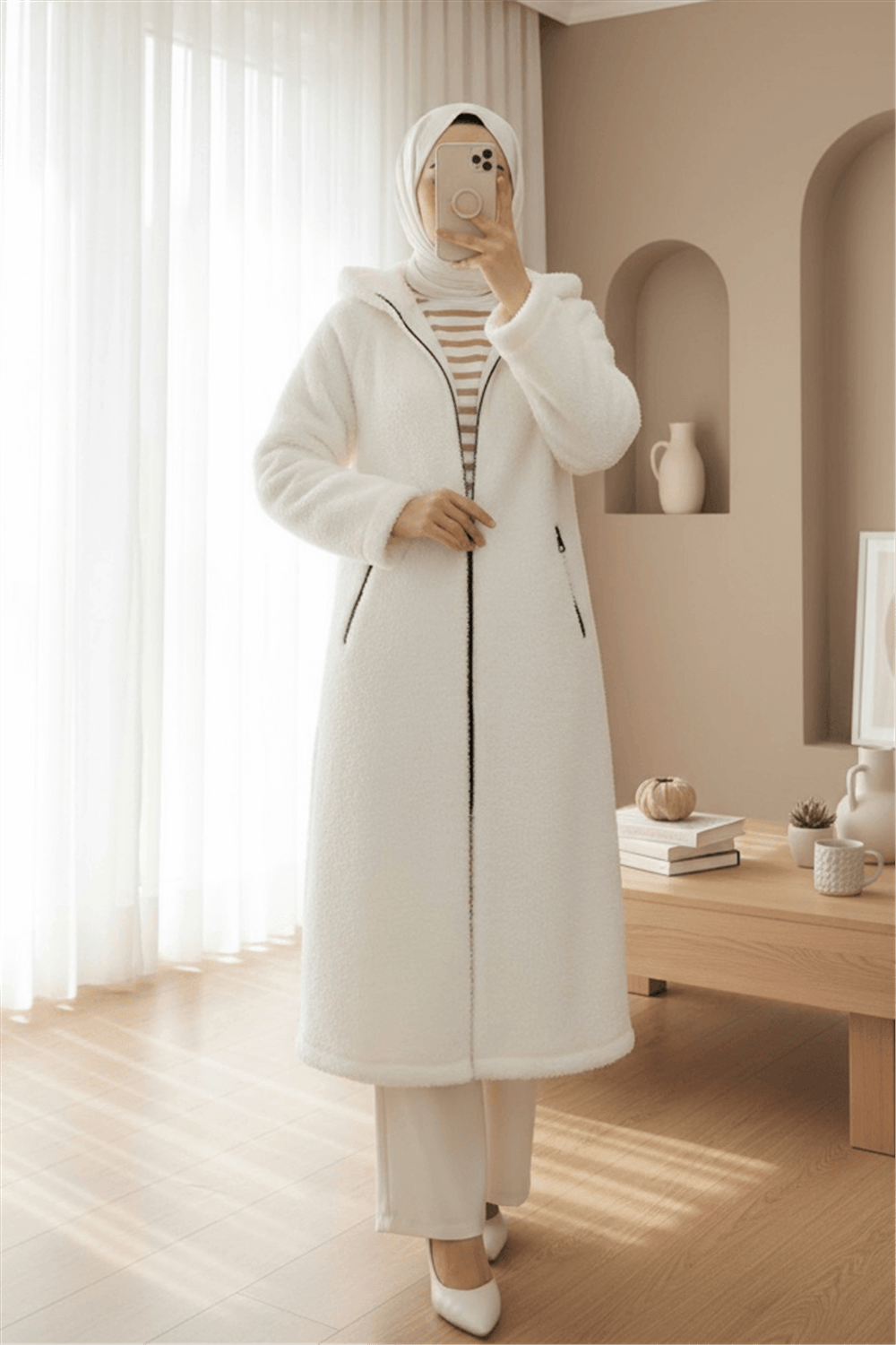 Astarlı Kapşonlu Kuzu Pelüş Kışlık Kaban  -Ekru-Kaban-138-9132-R07