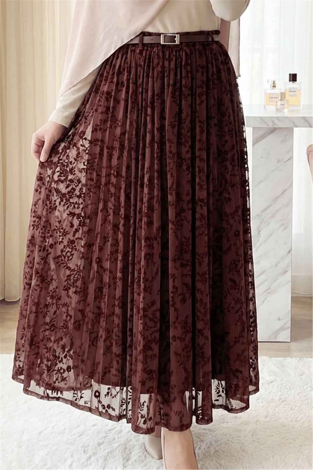 Astarlı Kemerli Kabartma Desenli Organze Etek -K. Bordo-Etek-429-0023-R52