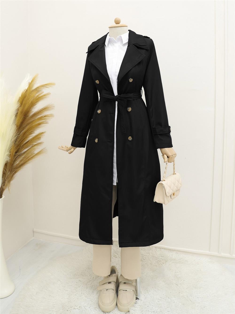 Astarlı Kemerli Trenckot -Siyah-197-1251-R01