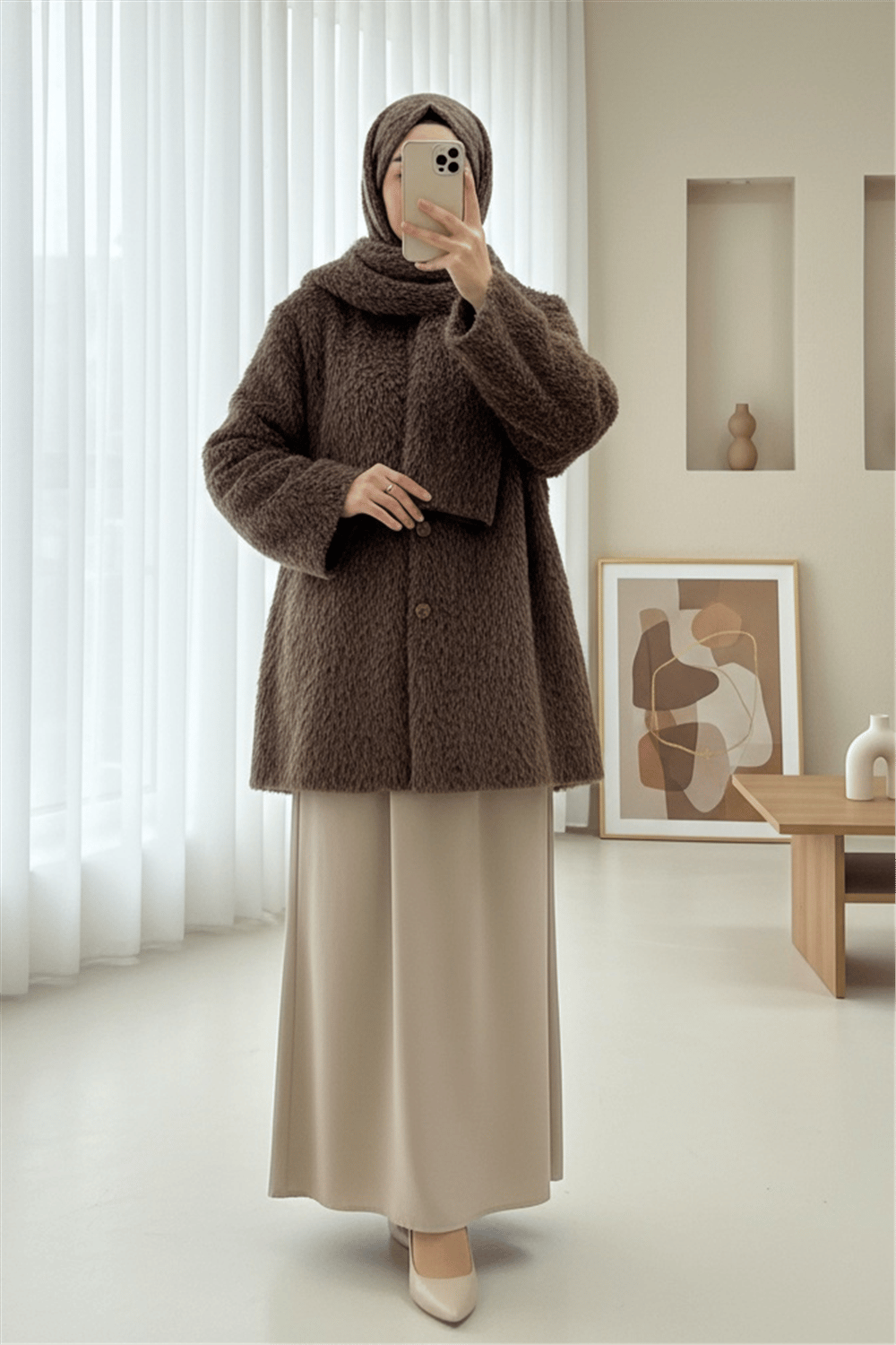 Atkı Detaylı Önü Düğmeli Sakallı Ceket -Taba-Ceket-111-50783-R12