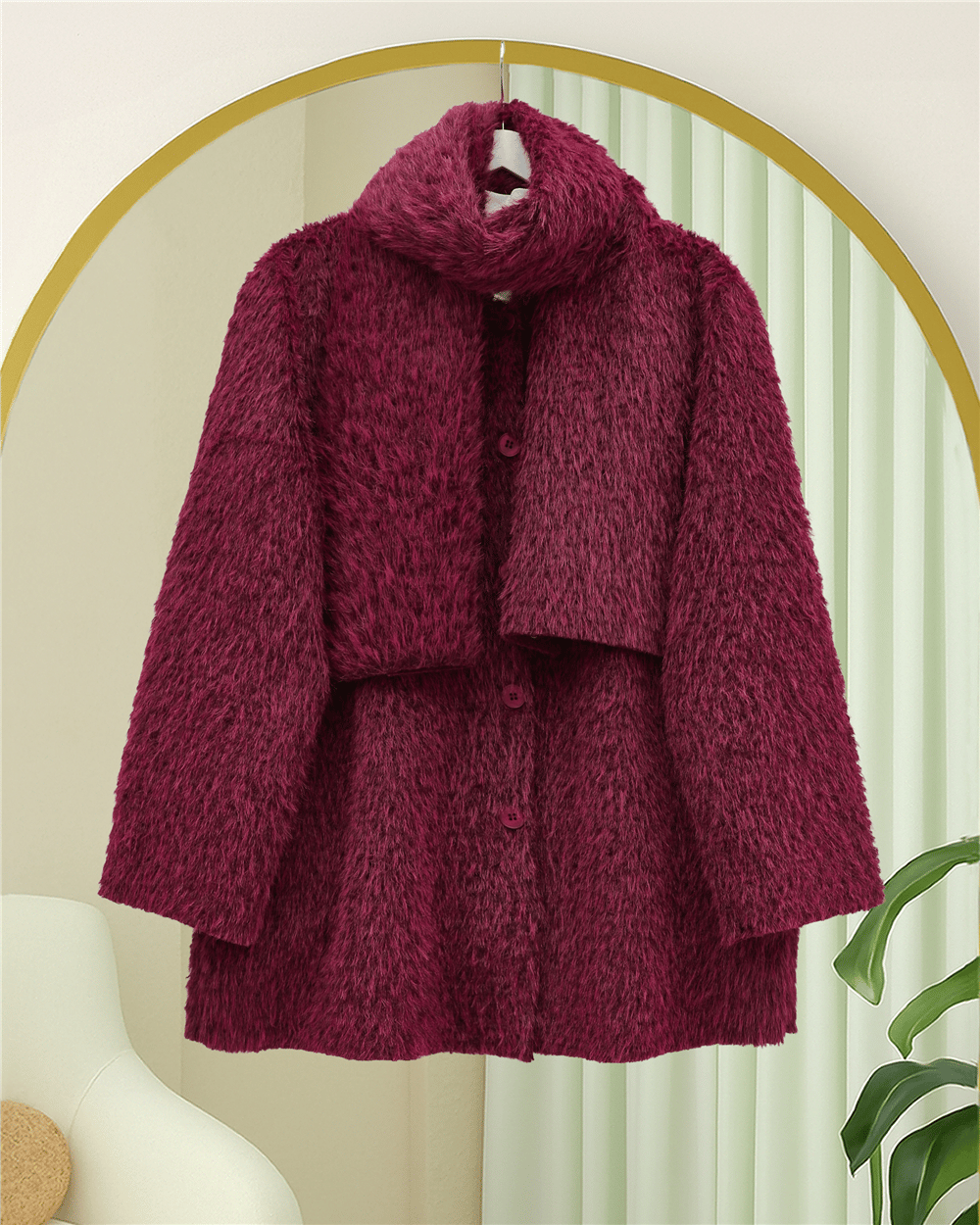 Atkı Detaylı Önü Düğmeli Sakallı Ceket -Bordo-Ceket-111-50783-R04