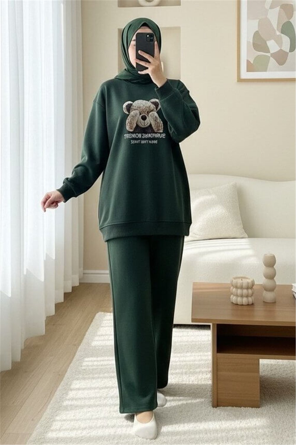 Ayıcık Baskılı Şardonlu 3 İplik Sweat Takım  -Haki-Takım-349-5285-R05