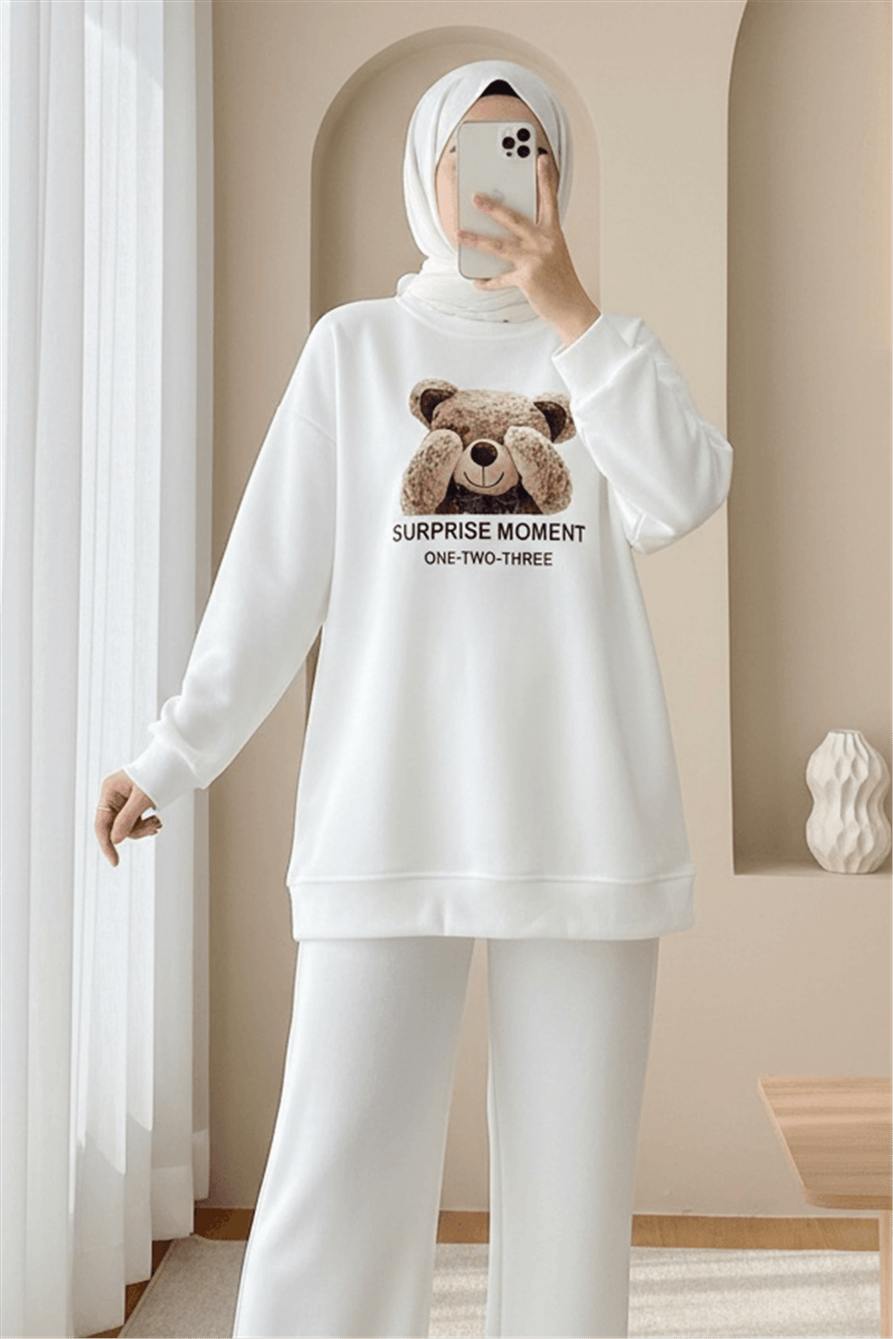 Ayıcık Baskılı Şardonlu 3 İplik Sweat Takım  -Beyaz-Takım-349-5285-R02