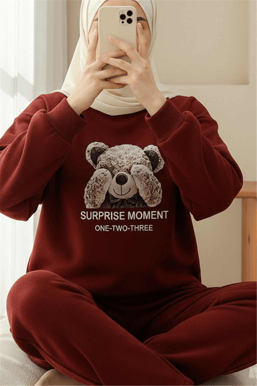 Ayıcık Baskılı Şardonlu 3 İplik Sweat Takım  -Bordo-Takım-349-5285-R04
