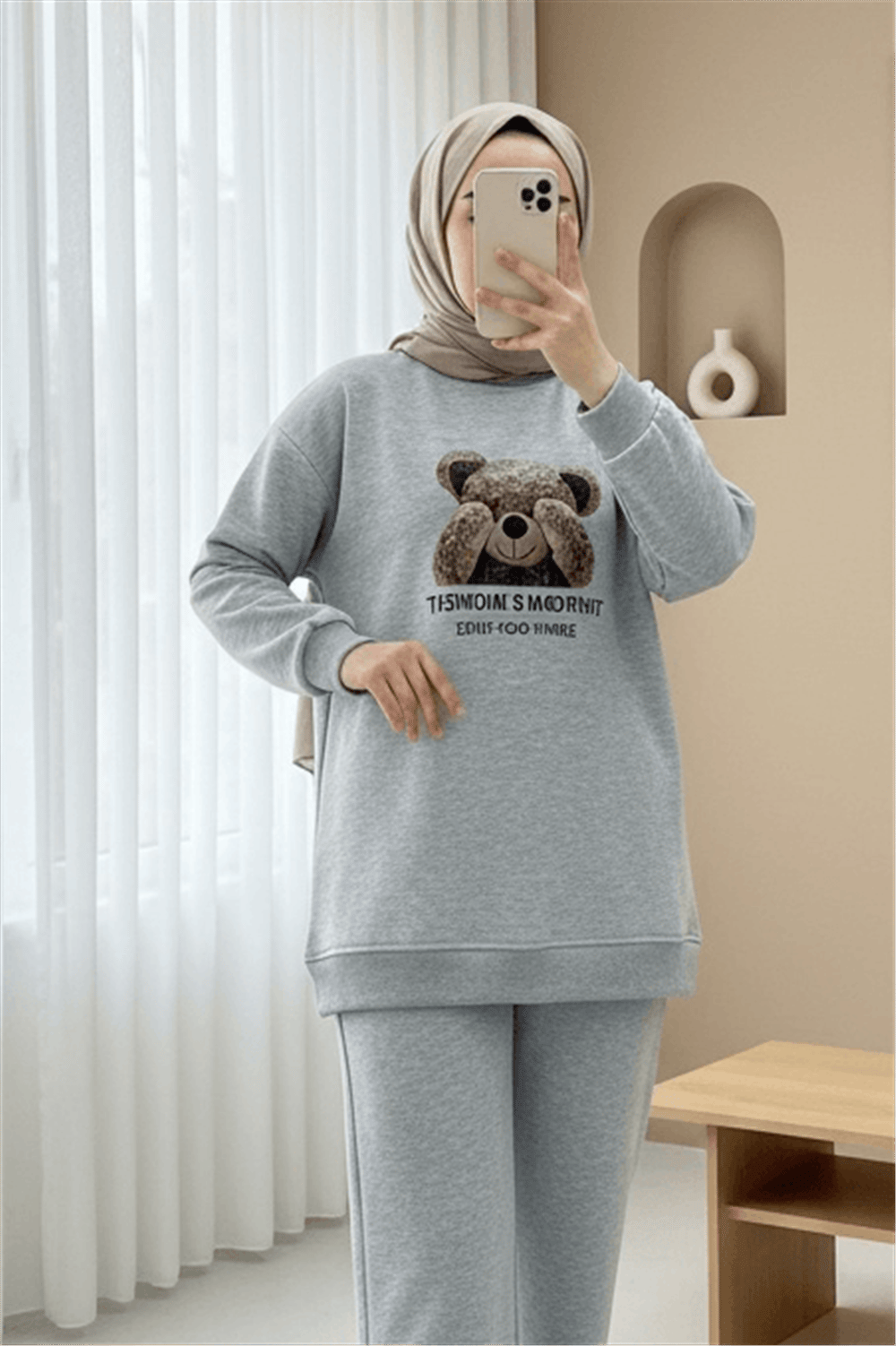 Ayıcık Baskılı Şardonlu 3 İplik Sweat Takım  -Açık Gri-Takım-349-5285-R41