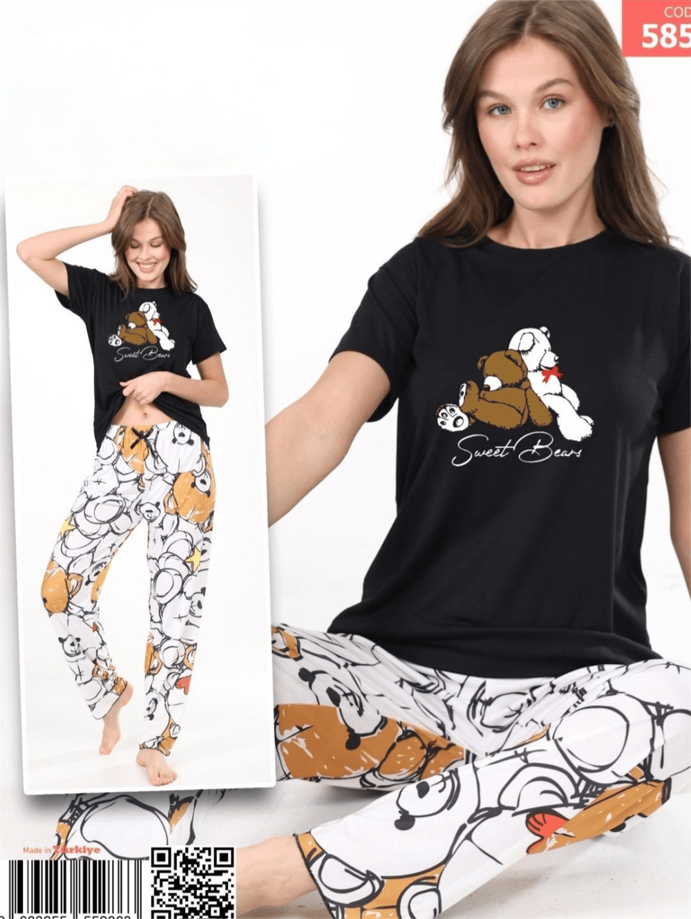 Ayıcık Desenli Kısa Kollu Pijama Takım -Siyah-Pijama-416-58588-R01