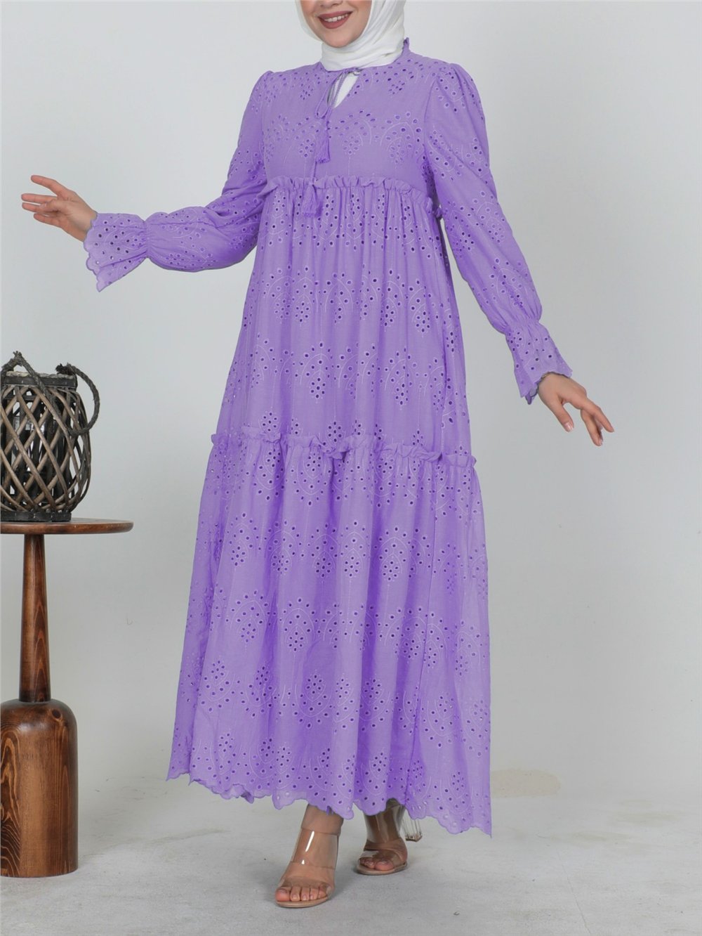Elbise-Bağcık Detaylı Astarlı Kat Kat Ajurlu Elbise -Lila-144-1344-R42