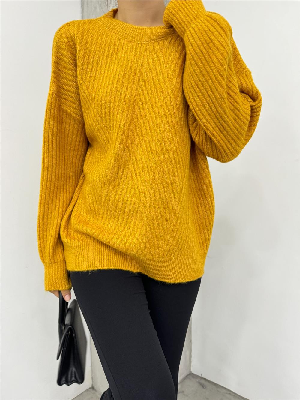 Baklava Desen Bisiklet Yaka Triko Kazak -Hardal-109-0773-R08