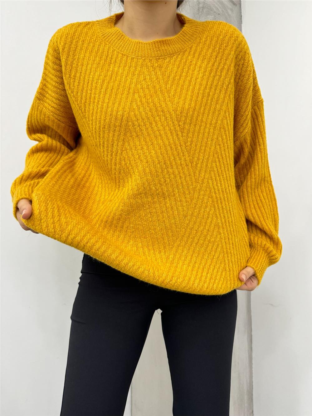 Baklava Desen Bisiklet Yaka Triko Kazak -Hardal-109-0773-R08