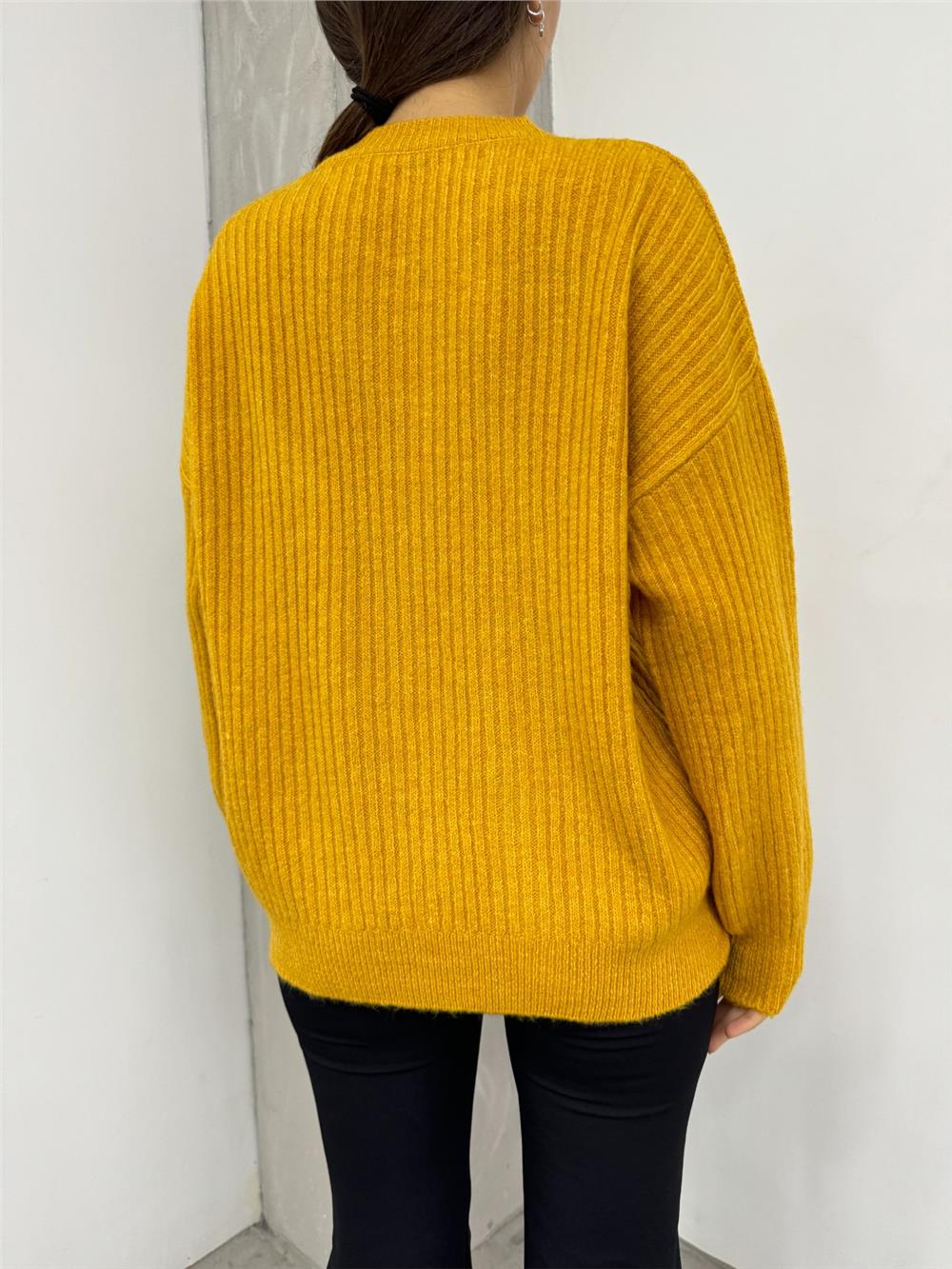 Baklava Desen Bisiklet Yaka Triko Kazak -Hardal-109-0773-R08