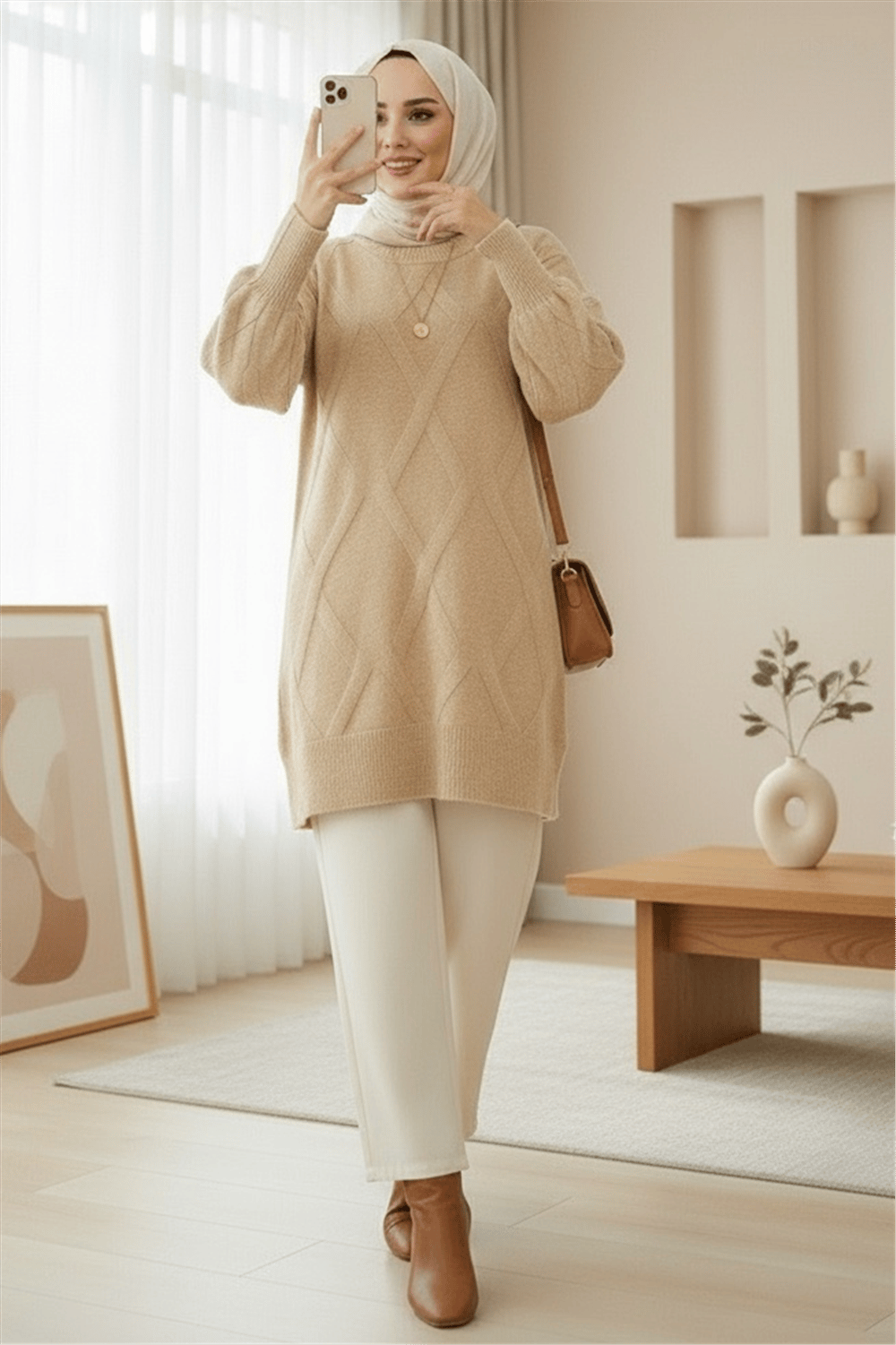 Baklava Desenli Yumoş Triko Tunik -Açık Vizon-Tunik-295-4516-R51