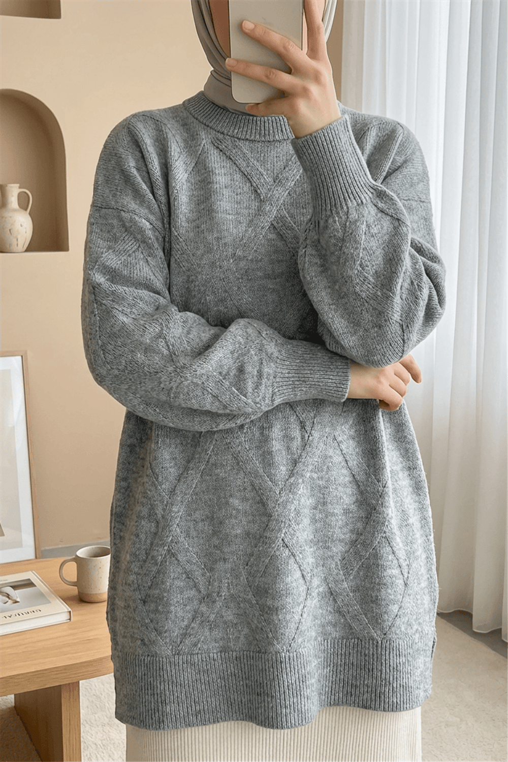 Baklava Desenli Yumoş Triko Tunik  -Gri-Kazak-295-4516-R11