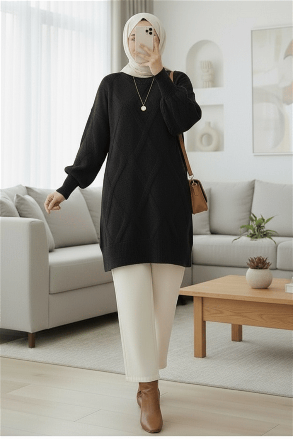Baklava Desenli Yumoş Triko Tunik -Siyah-Tunik-295-4516-R01