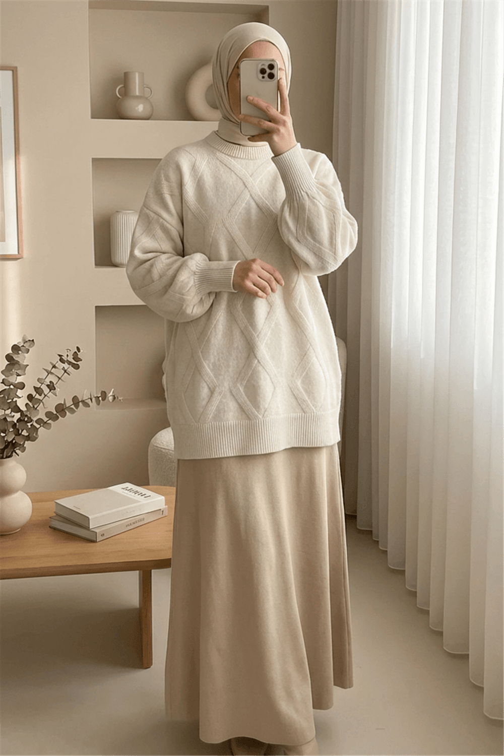 Baklava Desenli Yumoş Triko Tunik  -Taş-Kazak-295-4516-R43