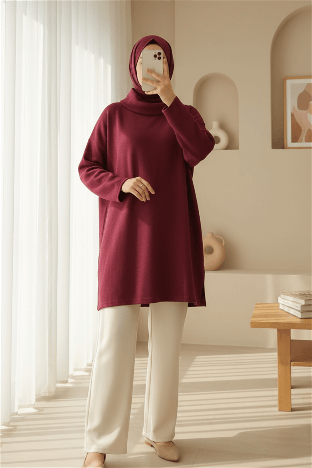 Balıkçı Yaka Yırtmaçlı Kaşkorse Tunik -Bordo-Tunik-253-13108-R04