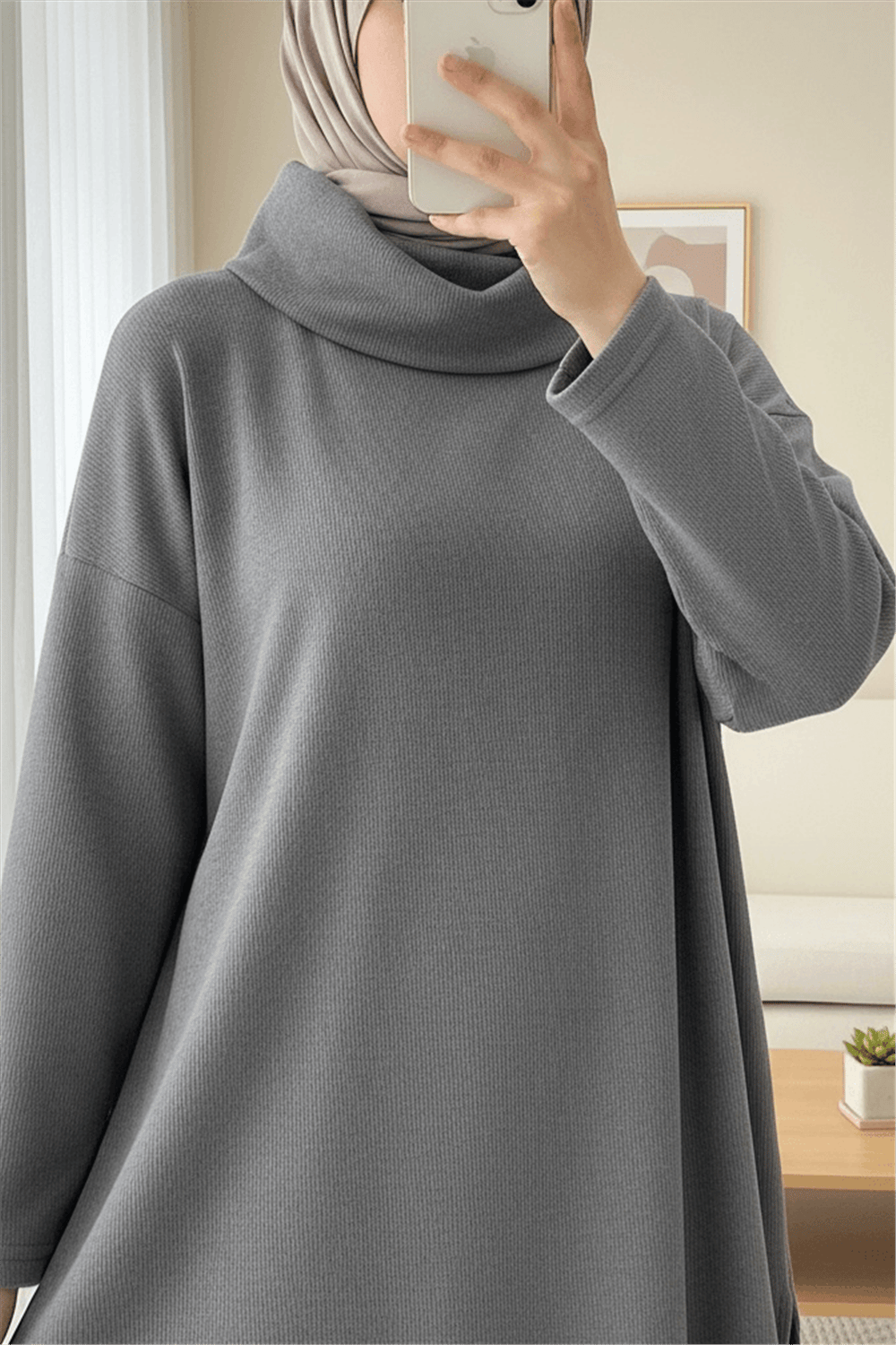 Balıkçı Yaka Yırtmaçlı Kaşkorse Tunik  -Gri-Tunik-253-13108-R11