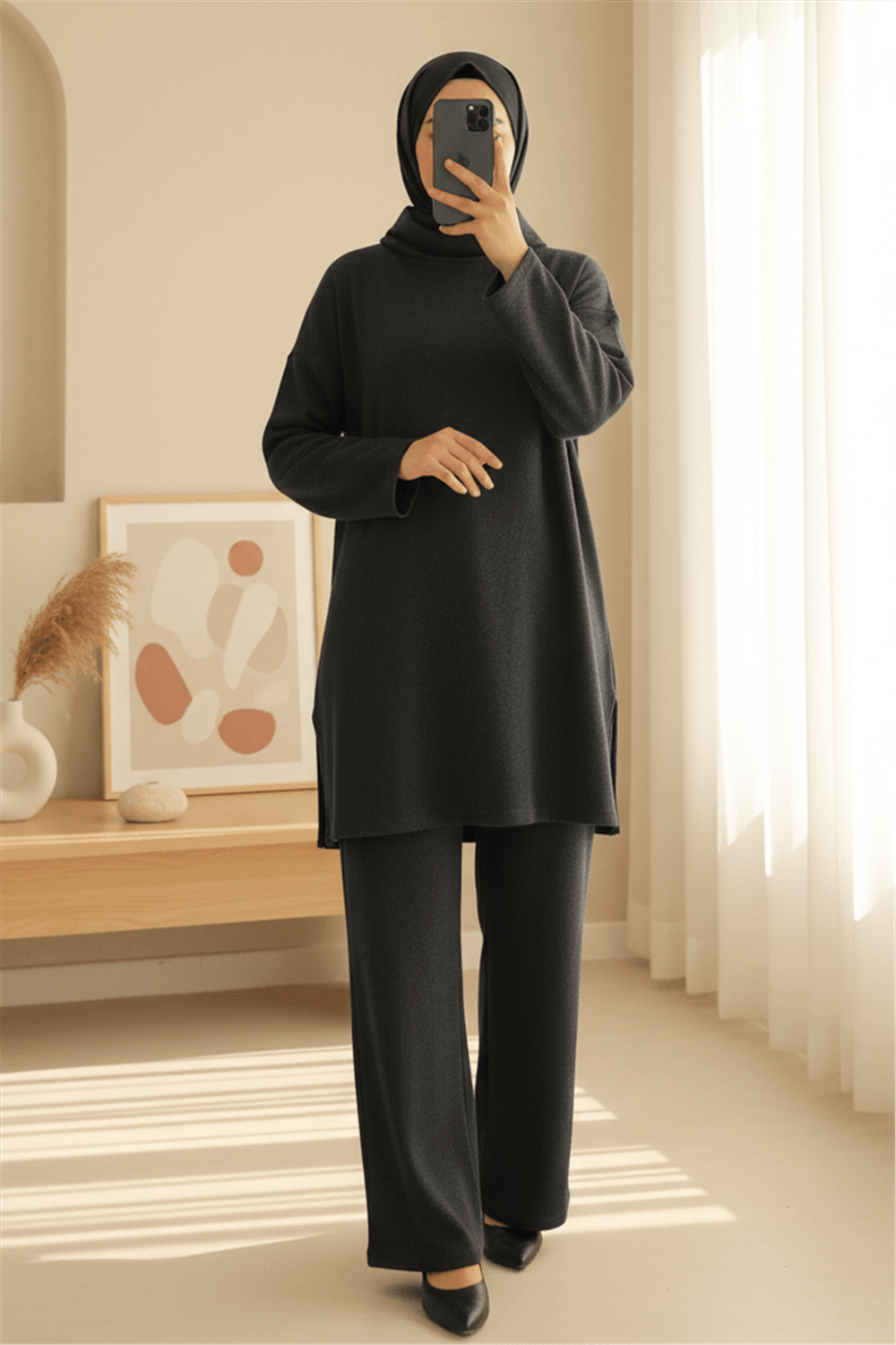 Balıkçı Yaka Yırtmaçlı Kaşkorse Tunik  -Antrasit-Tunik-253-13108-R64