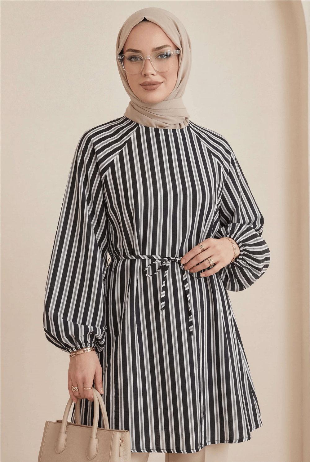 Balon Kol Belden Bağlamalı Astarlı Çizgili Tunik -Siyah-Tunik-223-3053-R01