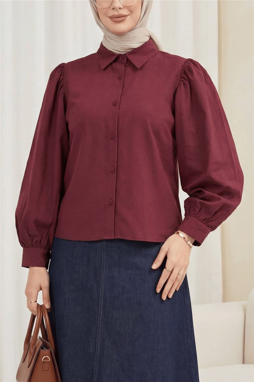 Balon Kol Düğmeli Kısa Poplin Gömlek -Bordo-Gömlek-432-24135-R04