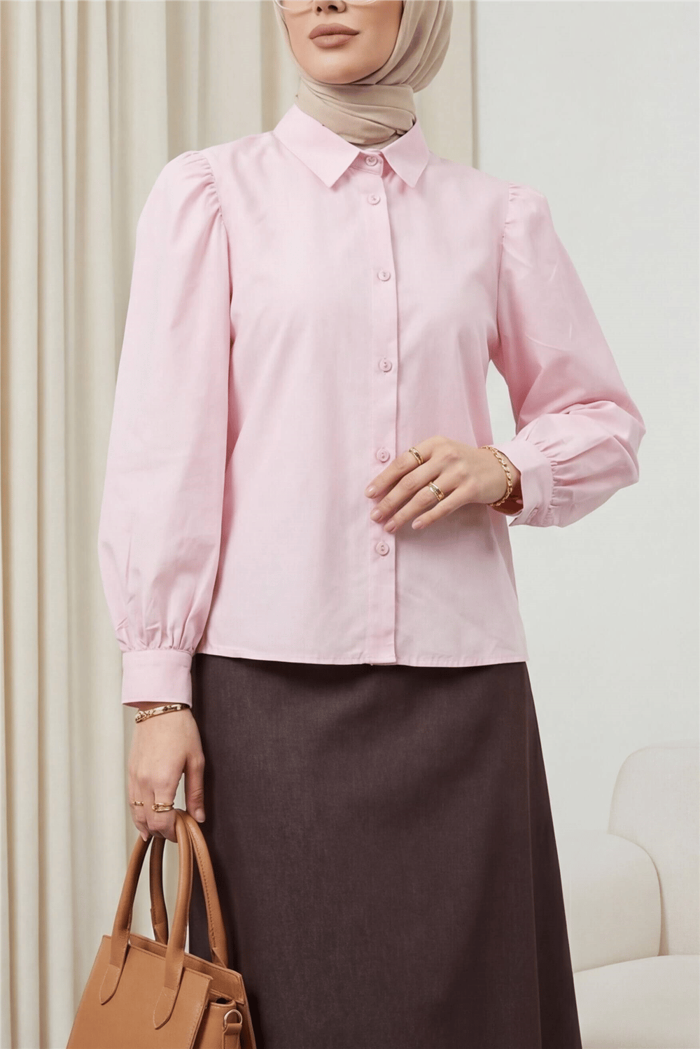 Balon Kol Düğmeli Kısa Poplin Gömlek -Pembe-Gömlek-432-24135-R20