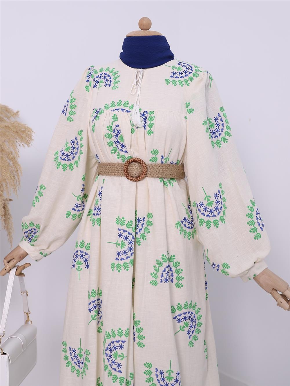 Balon Kol Flog Baskılı Keten Elbise -Yeşil-307-61601-R35