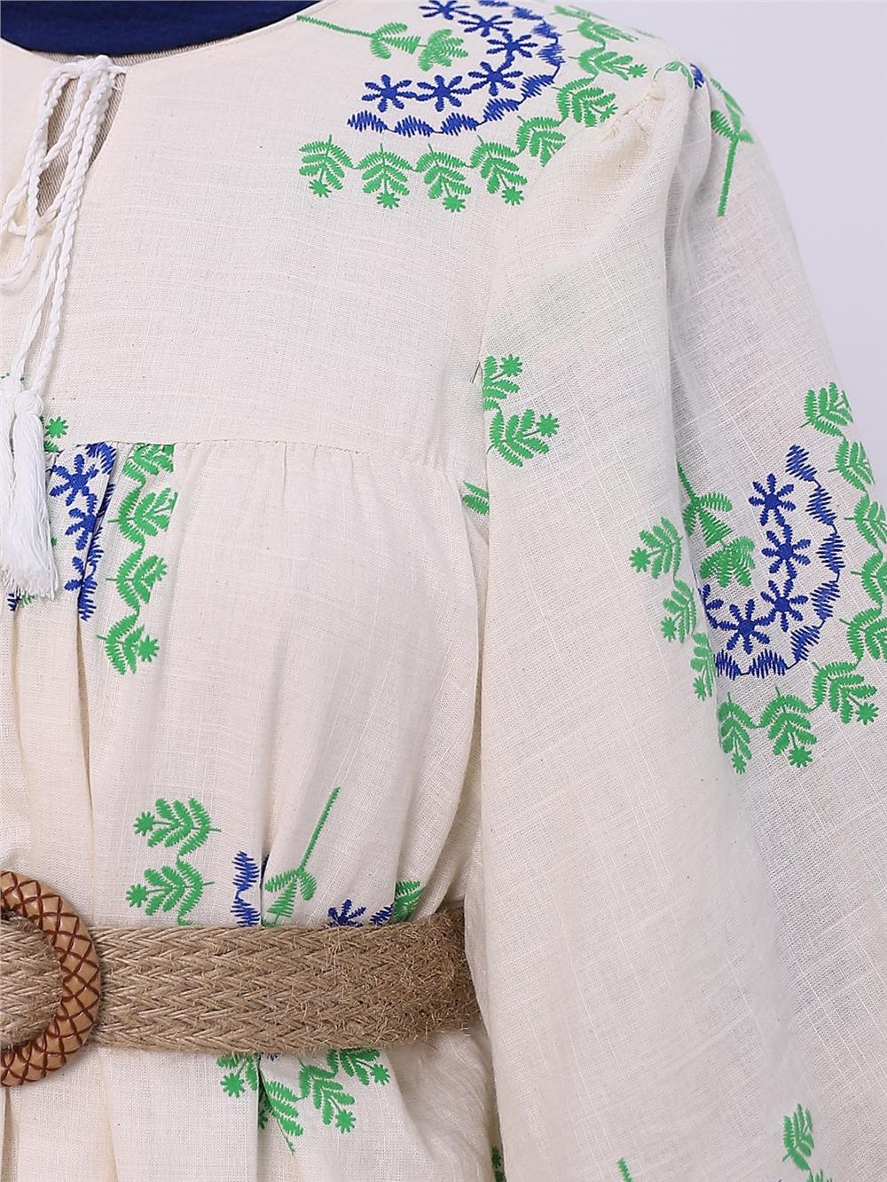 Balon Kol Flog Baskılı Keten Elbise -Yeşil-307-61601-R35