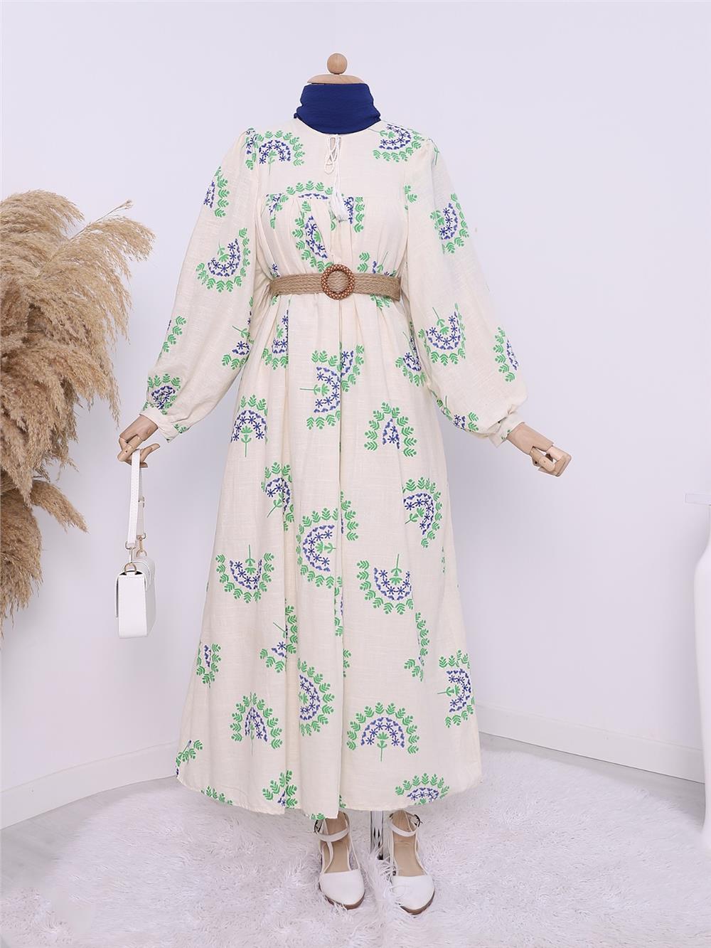 Balon Kol Flog Baskılı Keten Elbise -Yeşil-307-61601-R35