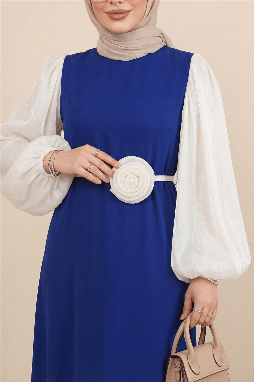 Balon Kol Manşeti Lastikli Güllü Kemerli Elbise  -Saks-Abiye-316-4685-R10