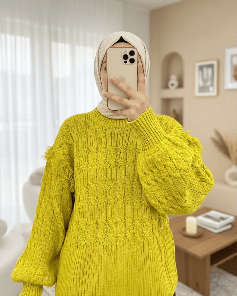 سترة تريكو بأكمام بالون وشرابة - زيت أخضر-Kazak-351-5244-R72