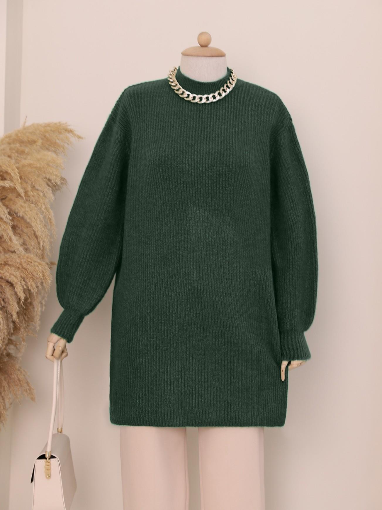 Balon Kol Yumoş Örme Triko Tunik       -Haki