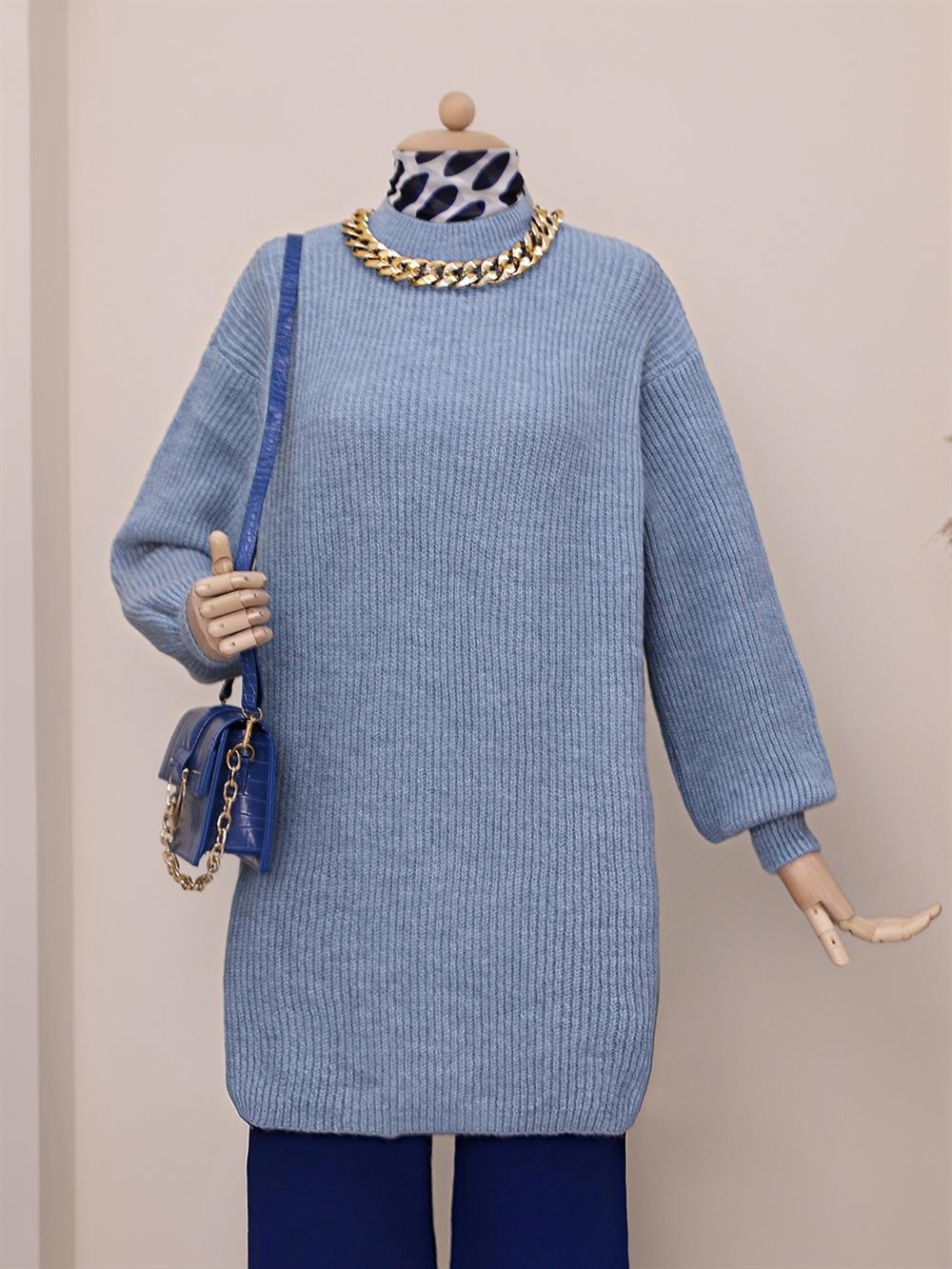 Balon Kol Yumoş Örme Triko Tunik    -Buz Mavi