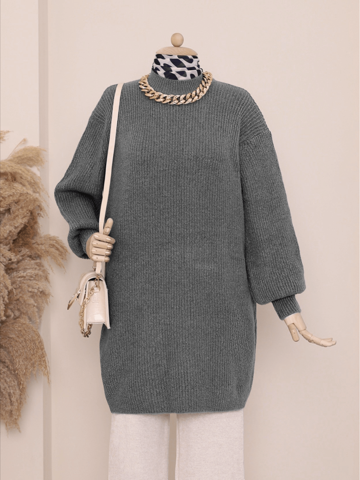 Balon Kol Yumoş Örme Triko Tunik   -Füme