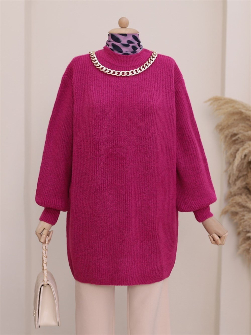 Balon Kol Yumoş Örme Triko Tunik   -Mürdüm