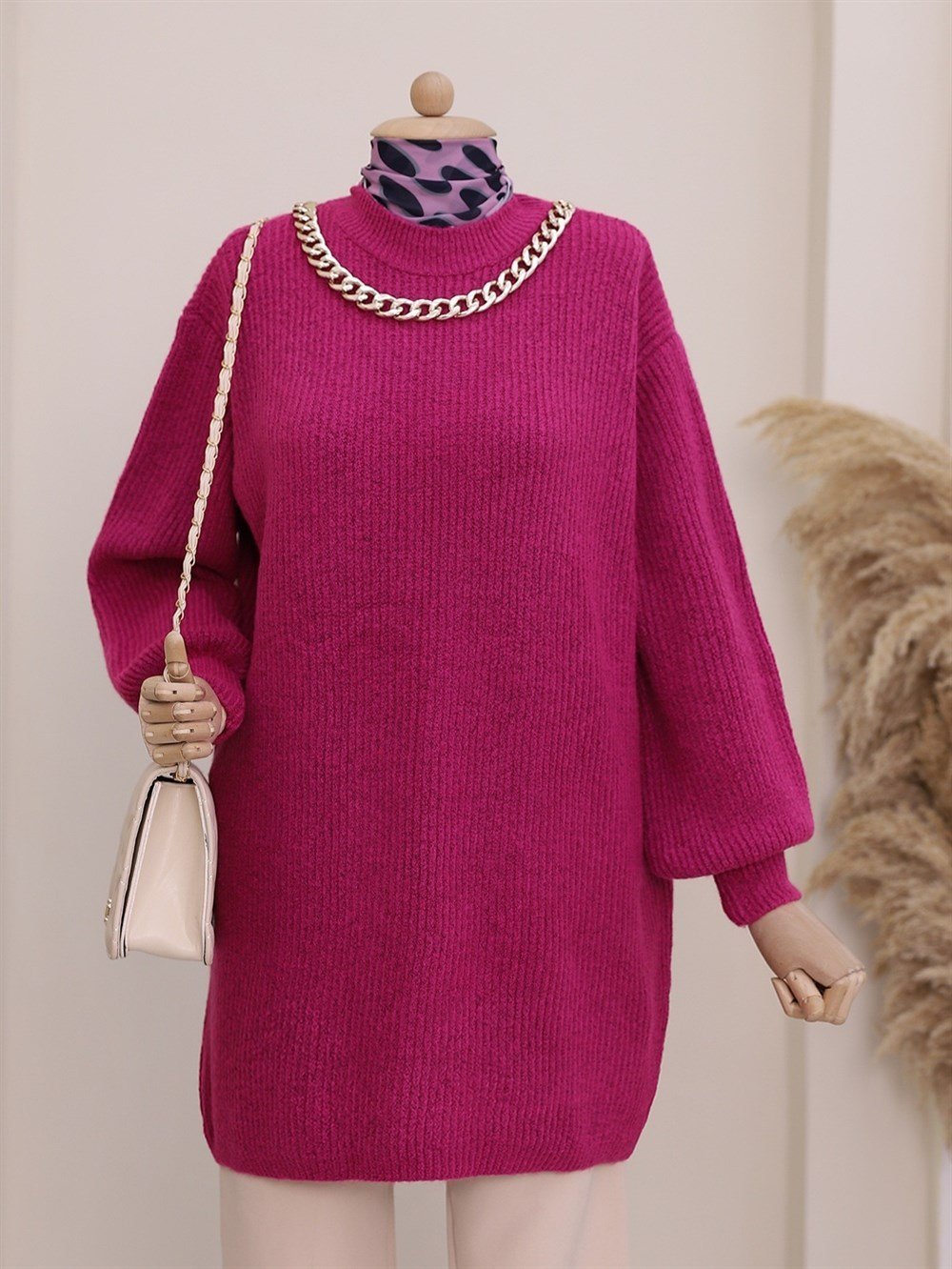 Balon Kol Yumoş Örme Triko Tunik   -Mürdüm