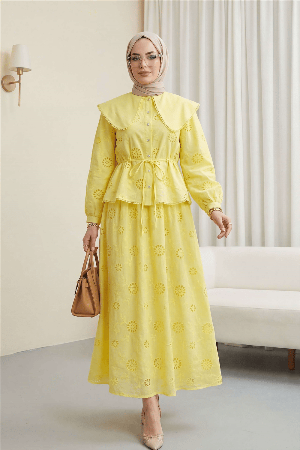 Bebe Yaka Beli Lastikli Bağcıklı Nakışlı Astarlı Keten Takım  -Sarı-Takım-144-7008-R22