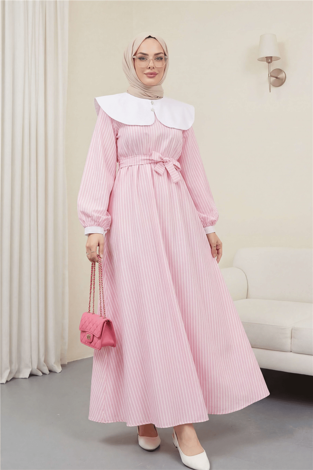 Bebe Yaka Çizgili Beli Lastikli Uzun Elbise -Pembe-Elbise-253-12920-R20