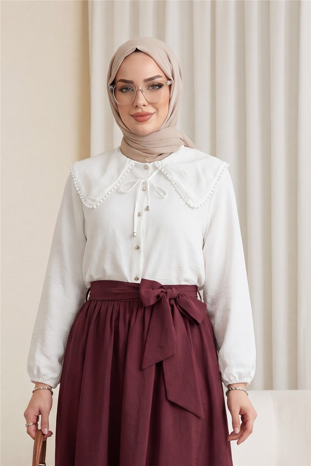 Bebe Yaka Dantelli Kolu Lastikli Gömlek -Beyaz-Gömlek-349-7013-R02