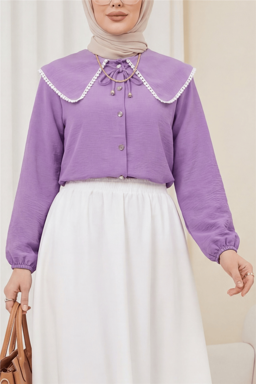 Bebe Yaka Dantelli Kolu Lastikli Gömlek -Lila-Gömlek-349-7013-R42